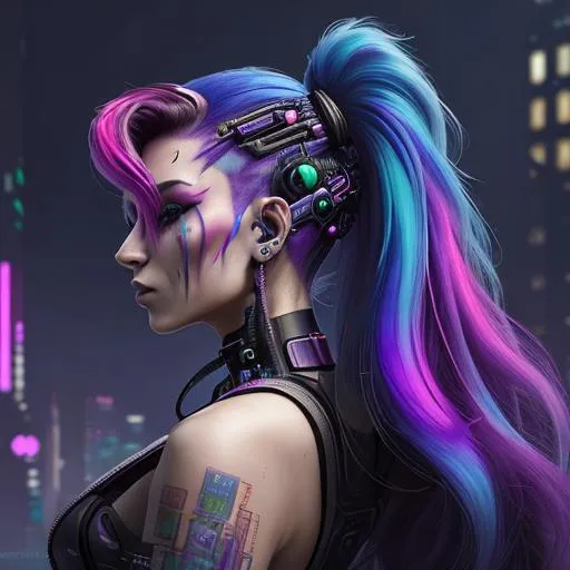 Prompt: A beautiful, mysterious and colourful cyberpunk themed woman with magical hair in a painted profile picture