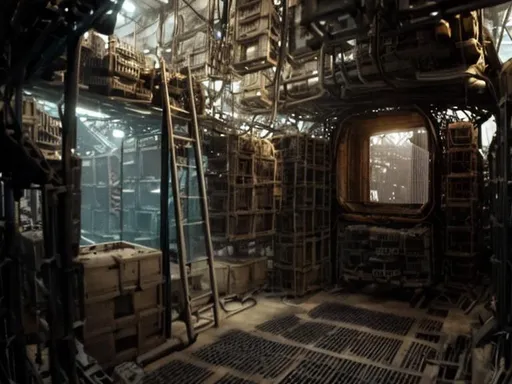 Prompt: Stacked Crago crates in  submarine hallway