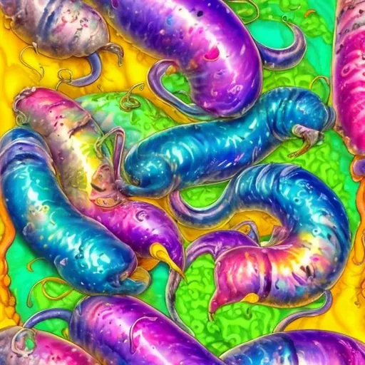Prompt: Slugs in the style of Lisa frank