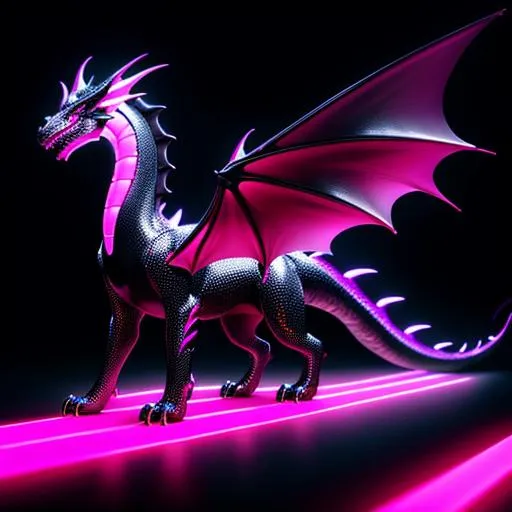 Prompt: Full body for a four-legged quadrupedal smooth skinned and scaleless black latex textured dragon, with bright neon highlights, very glossy and shiny, reflective, perfect composition, hyperrealistic, super detailed, 8k, high quality, trending art, trending on artstation, sharp focus, studio photo, intricate details, highly detailed, Trending on Artstation, Cozy wallpaper, Pastel colors, soft lighting