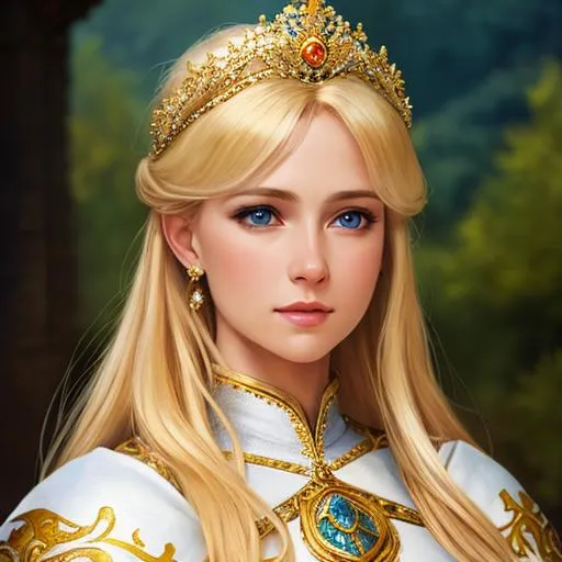 Prompt: Blond hair beautiful medieval princess with a white and golden battle dress and a tiara, oil painting, UHD, 8k, Very detailed, ultra beaitiful girl, cinematic, realistic, photoreal, trending on artstation, sharp focus, studio photo, intricate details
