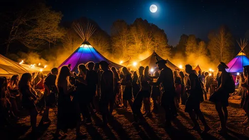Prompt: counterculture hippie, music festival, dim light, starry night, trippy hemp clothes, tents, man and woman, love, lots of people dancing, dynamic atmosphere, one full moon, magical lights, carnival