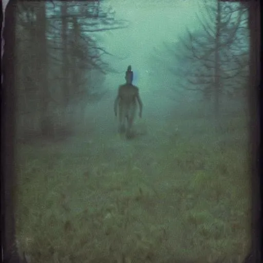 Prompt: eerie humanoid creature roaming a eerie wonderland , grainy polaroid, early technicolour image, photorealistic, Blurry, running at you, in the fog