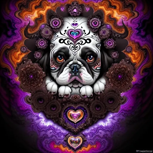 Prompt: Beautiful, Epic, Amazing, dark swirl, 3D, HD, Mandelbrot Julia Fractal ink, (Beautiful {Bulldog puppy}Sugarskull and happy face), freeform psychedelic chaos ultra HD, digital painting,  desert with {heart-shaped Sunset} background, uber detailed, 64k, high quality, sharp focus, studio photo, intricate details, highly detailed --s98500