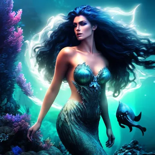 Prompt: HD 4k 3D 8k professional modeling photo hyper realistic beautiful woman ethereal greek goddess of the deep sea
indigo hair dark blue eyes gorgeous face black skin navy shimmering dress mermaid tail full body seashell crown surrounded by deep sea magical glowing light hd landscape background of enchanting mystical fish and coral