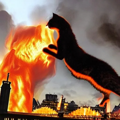 Prompt: giant cat attacking the city of london with fire everywhere