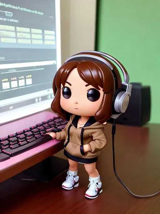 Prompt: cute funko pop female figure with shoulder length brown hair, brown eyes, holding a keyboard, wearing a headset, wearing a black hoodie