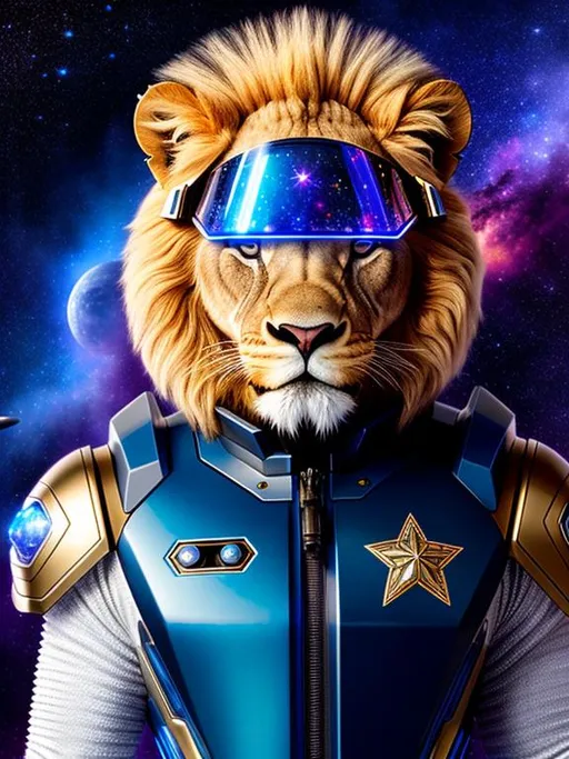 Prompt: Hyperdetailed portrait of a Lion character wearing futuristic star-forged niobium cobalt space suit, galaxy magic atmosphere