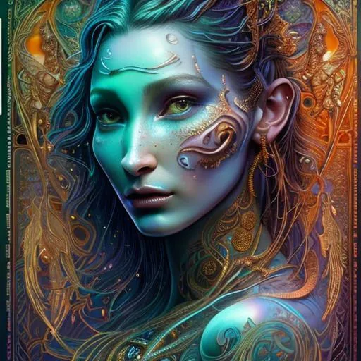 Prompt: Heavenly fantasy goddess, bioluminescent prismatic opaline, tribal tattoos, Illustration, Beautiful, Detailed, Intricate, Painting, Vibrant, Design, Landscape, Cinematic, Photorealistic, 4k, 8k, World, Artstation, Wlop, Cyberpunk, Magical, golden hour, Closeup face portrait of Bella Hadid, smooth soft skin, big eyes, beautiful intricate colored hair, symmetrical, anime wide eyes, concept art, digital painting, looking into camera 