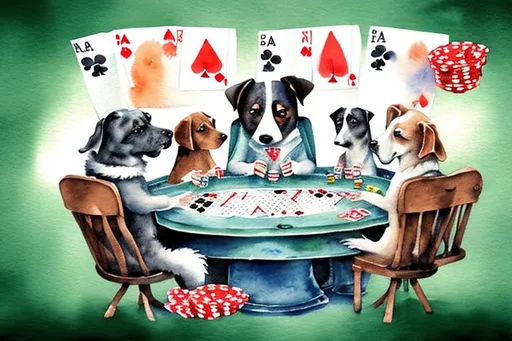 Prompt: Dogs Playing Poker : 
Delicate watercolor illustration,
Masked edges,
Warm color palette,
Pastel colors,
White background,
Cozy,
