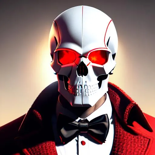 Prompt:  A human skull white mask wearing a red sweater and a black bow tie, with pistol in hands, Background street, masterpiece  with detailed face, full body 4k, trending on artstation, octane render, art by artgerm and greg rutkowski and alphonse mucha and craig mullins and James Jean and Andrei Riabovitchev and Marc Simonetti and peter mohrbacher