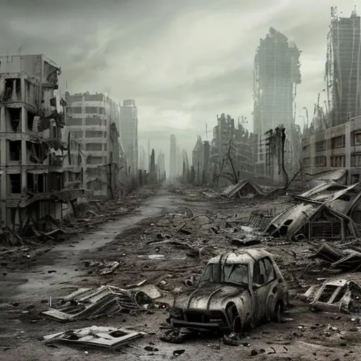 Prompt: a depressing post-apocalyptic world destroyed by the ravages of war