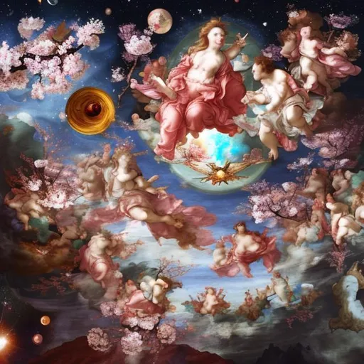 Prompt: Cd cover = depicting deep space and cherry blossoms in micheal angelo painting style

 in the background 