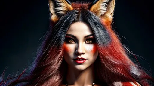 Prompt: Fox girl, woman, girl, fox, lady, fox woman, fox lady, female, female fox, fox female, long white hair, blood red eyes, midnight sky, {{{Hyper detailed}}}, {{{Photorealistic}}}, {{{Hyper realistic}}}