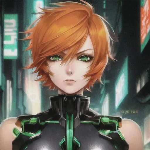 Prompt: Portrait, anime style, cyberpunk theme, beautiful woman, short orange hair, green eyes 