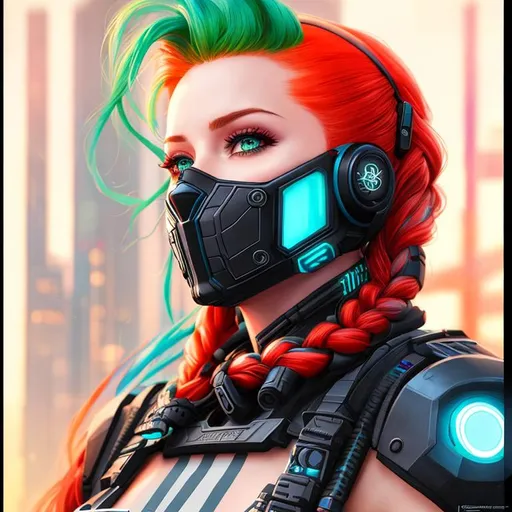 Prompt: "A hyper realistic detailed character poster ((portrait)) image of a ((beautiful woman)), with intricate ((cyberpunk clothes)) with braided ((ginger ombre green hair)), highly detailed, digital painting, Trending on artstation, HD quality, ((by Prywinko)), ((sexy))"