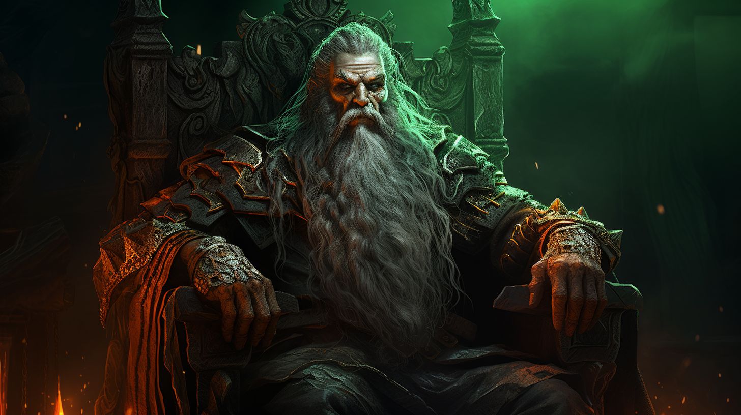 Prompt: a player token of an evil lich dwarf sitting on a large orange stone chair, long braided white beard and hair, deep sunken in green eyes and a snarl on his face, his body is full of scars and missing flesh, dungeons and dragons --ar 16:9