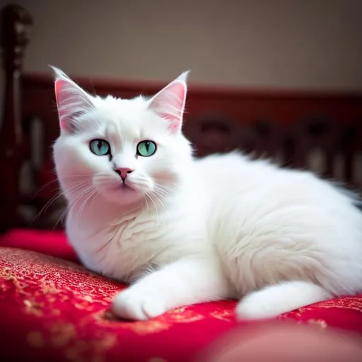 Prompt: Cute white cat, sitting on red silk pillow with bleue eyes, cinematic, realistic