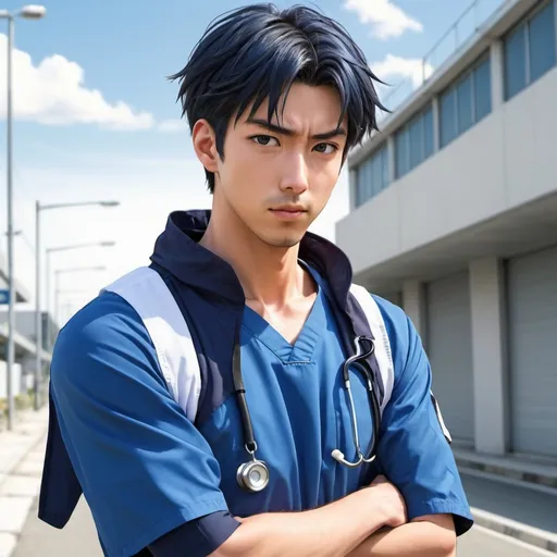 Prompt: Anime-style man wears blue sports wear. He is medical staff. He is helping on the way for sick and wounded. Background is white.
