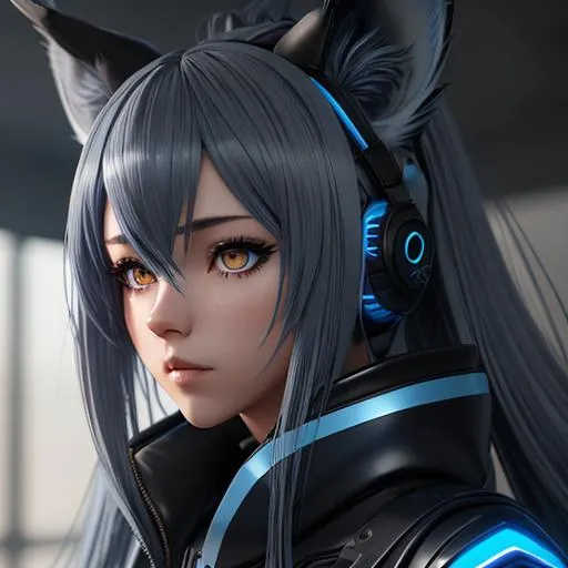 An anime girl lynx ears that are greyblue latex outfitlong dark blue hairmidnight blue h