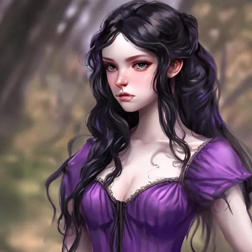 Prompt: D&D long black haired female, purple dress