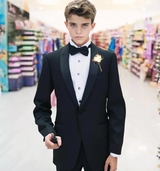 Prompt: Attractive teenage Boy in a tuxedo wavering a magic wand and casting sparkly magic spell in a store with it