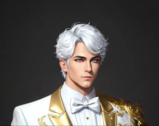 Prompt: Handsome, gold Tuxedo, attractive, gold eyes, flirting, Meditating (((full body visible))), looking at viewer, detailed skin, realistic, photo-realistic, 8k, highly detailed, full length frame, High detail RAW color art, piercing, diffused soft lighting, shallow depth of field, sharp focus, hyperrealism, cinematic lighting