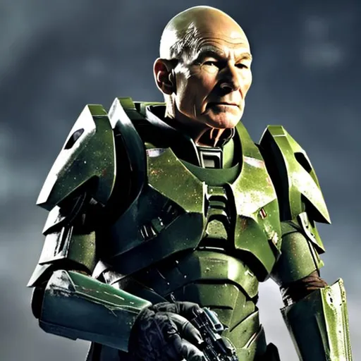 Prompt: Sir Patrick Stewart in the Master Chief costume
