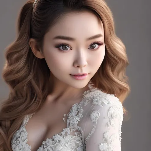 Prompt: UHD, 3D, 8k,  ultra realistic,  Very detailed, zoomed out view of character, HD, close up face of korean bride, cute adorable pretty celebgram face, ailee face, pony tail, beautiful hairdo, soft make up, modern korean white gown, magazine style studio photography, professional model, studio setup, super star pose, High Quality, hair glowing bright with the light of auroras,korean actress eyes, calm regal smile,  cool colors, detailed face, detailed eyes, christmas theme
