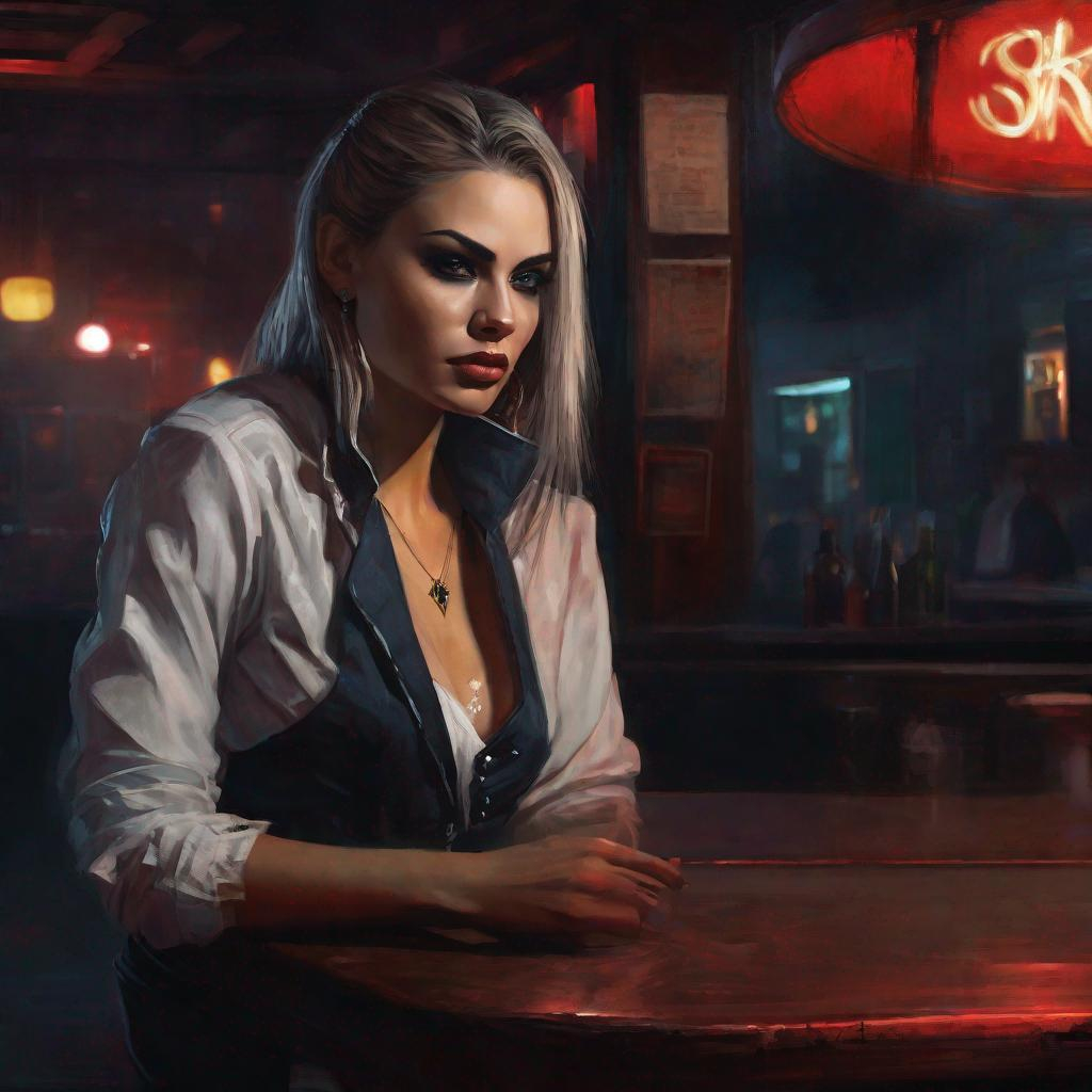 digital painting character portrait Larissa Reis barely any clothing muted sleazy dive bar backg