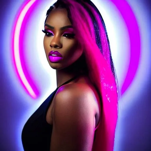 Prompt: absolutely beautiful black woman with long flowing pink hair, cyber aesthetic, IMVU, beautiful eyes, gorgeous makeup, pink eye colour, pink lips, caramel coloured shiny skin, portrait, sharp focus, blurred background, candid photograph, glamor shot, vaporwave aesthetic digital painting with neon purple lighting of a girl with very short pink hair , serious, wet hair, slim, 8k, highly detailed, professional, vivid colours, punk , exuberant, on a beach, realistic, detailed, high fantasy, concept art, lush, vibrant, freckles. 