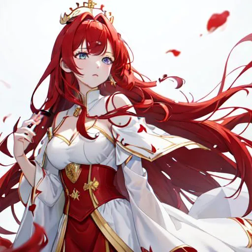 Prompt: Haley as a horse girl with bright red side-swept hair, crying, wearing a white and gold blood stained gown , wearing a crown, holding a dagger. 