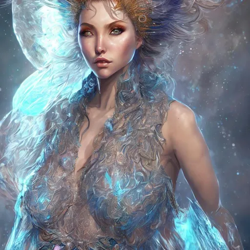 Prompt: splash art of a {solar goddess}, wearing {beryllium crystal} {dress}, hyperrealistic, perfect composition, super detailed, sharp focus HDR, UDR, 64k