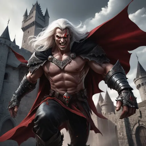 Prompt: A hyper-realistic, ultra-detailed wide-angle artwork of an ancient  legendary male barbarian vampire smirking and hovering over an old medieval castle. He wears an intricate black and red leather armor, with large, majestic black cape fully extended. His long, flowing white hair streams behind him as he charges toward the viewer with fierce determination. His face is exquisitely beautiful, perfectly symmetrical, with piercing, vibrant red glowing eyes. The moon behind him creates a eerie halo effect, casting diffused soft light around him. The full-length frame captures his entire form in stunning detail, emphasizing the intricate embellishments of his armor. The scene features a cinematic composition with a shallow depth of field, a sharp focus on his form, and dramatic, high-definition lighting. Vibrant, ethereal colors and an insanely detailed rendering bring out the magnificence of this nocturnal warrior in a breathtaking fantasy scene.