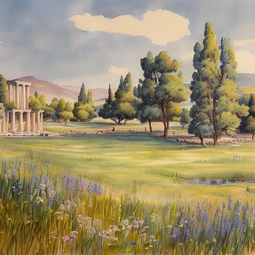 Greek landscape. watercolor painting. Landscape with flowers