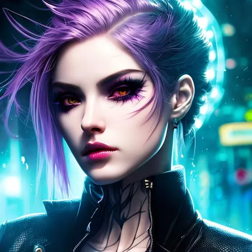 Prompt: neon punk. mysterious lady. insanely beautiful. perfect anatomy. symmetrically perfect face. beautiful long black. beautiful amber eyes. hyper realistic. super detailed. soft colours. no extra limbs or hands or fingers or legs or arms. standing on the street. pale skin. smooth texture. realism. smoke effects.