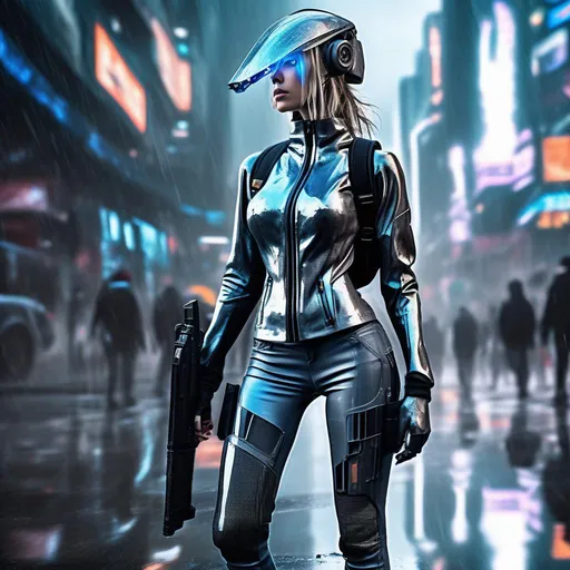 Prompt: a full body cybernetic futuristic svelte woman from 2250 ((full shot)), holding a gun, walking in the wet street, wearing a bluish grey shiny tight jeans and sweater and thin black boots, a big backpack, a futuristic big cross helmet with metallic visor, intricate billboards in the background, maximalist, reflection,  cyberpunk setting, UHD, photorealistic, super resolution, dynamic lighting, a masterpiece, by jeremy mann, a breathtaking artwork by Brian Froud, Ferez, Arthur Rackham, Beeple, Epic scale, highly detailed, clear environment, triadic colors cinematic light 16k resolution, trending on artstation, hyperdetailed, hyperrealism, cinematic, filmic; epic in scope and scale, Poster art. night, yellow and blue billboards and buidings in the background and sides
© Amina
