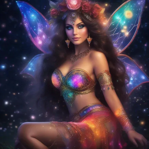 Prompt: A complete body form of a stunningly beautiful, hyper realistic, buxom woman with incredible bright eyes wearing a colorful, sparkling, dangling, glowing, skimpy, boho, flowing, sheer, fairy, witches outfit on a breathtaking night with stars and colors with glowing, detailed sprites flying about