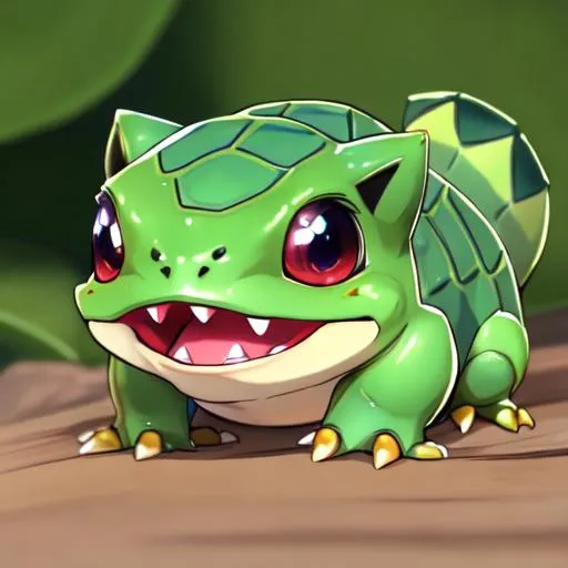 Prompt: HD, High Quality, 5K, Anime, Bulbasaur, small quadrupedal amphibian,  blue-green skin with darker patches, It has red eyes with white pupils, pointed, ear-like structures on top of its head, and a short, blunt snout with a wide mouth. A pair of small, pointed teeth are visible in the upper jaw when its mouth is open. Each of its thick legs ends with three sharp claws. On Bulbasaur's back is a green plant bulb that conceals two slender, tentacle-like vines, which is grown from a seed planted there at birth. The bulb also provides it with energy through photosynthesis as well as from the nutrient-rich seeds contained within, forest, Pokémon by Frank Frazetta
