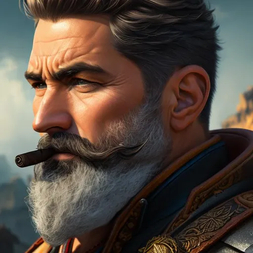 Prompt: Portrait art, oil painting,  middle-age-male, cigar,  angry, salt and pepper hair,  short hair cut, power armor, high detail face,  side view,  8K, 8K EYES,  Remastered
