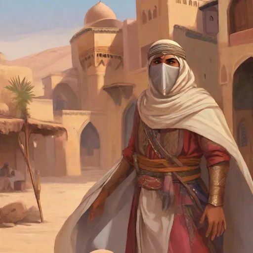 Prompt: Whole body of an arab warrior in arabian armor. he wears an ottoman helmet. covering face and mouth. In background a beduin village. D&D art. rpg art. 2d art. 2d.