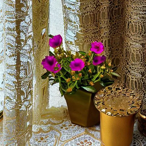 Prompt: Mini wild flowers,, in Golden Vase with intricate designs, on office desk with lace tablecloth, morning light filtering through curtains, highlighting delicate petals and vivid colors, Photography, 100mm f/2.8 macro lens , --ar 1:1 --v 5