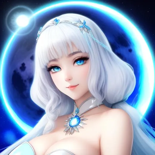 Prompt: Splash art of seductive feminine posing ethereal woman with ((lightblue side-parted bob hair)) and ((white eyes)) and soft round face and lips, ((translucent white skin)), blue magical moon aura, ((white and lightblue moon goddess mesh outfit)) with deep cleavage, kneehighs, ((cute shy smile)), look at camera, ethereal goddess aura, moon spirit, bokeh moon background, intricately detailed, perfect face, perfect body, perfect anatomy, hyperrealistic, sharp focus, epic fantasy, beauty, sensual feminine romance, 
professional, sensual feminine, unreal engine 8k octane, 3d lighting, UHD, HDR, 8K, render, HD, trending on artstation, front view, ((huge breast)), ((sexy))