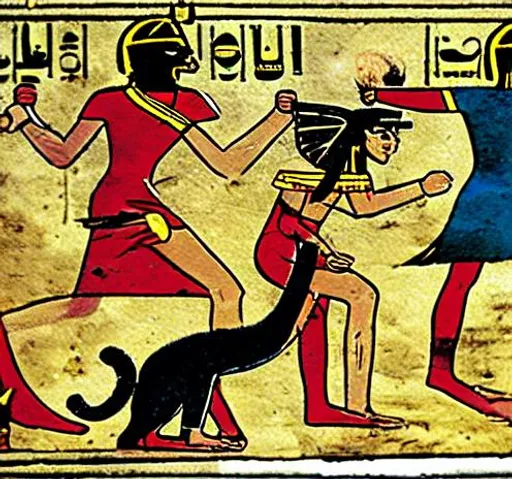 Prompt: Entire Comic book strip Egyptian children two boys laughing running fast chasing after kitty cat very detailed renaissance painting style ancient Egyptian set background chaos as they run through highly detailed chasing the kitty cat marvel comics  style 