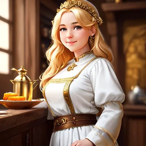 Prompt: Character concept art of a cute female halfling in her 20s with golden hair and a cherub face smiling as she stands in a medieval kitchen, fantasy, intricate, elegant, highly detailed, digital painting, trending on artstation, detailed face, realistic face, smooth, sharp focus, illustration art by Stanley Lau