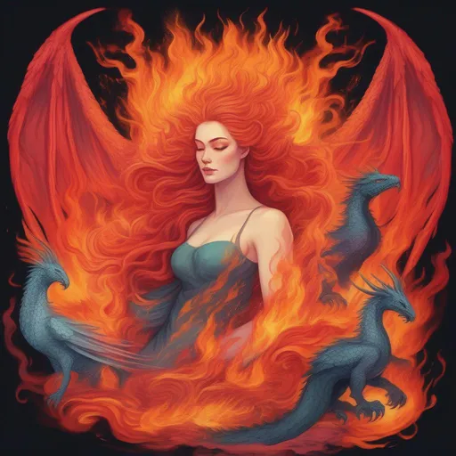 Prompt: A colourful and beautiful Persephone, with hair being made out of fire and lava, surrounded by a dragon and a pheonix, in a painted style