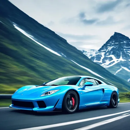 Prompt: Super Blue colour  car. man driving. beautiful background 