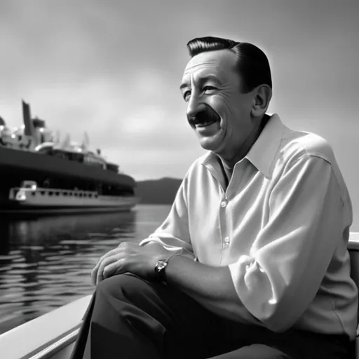 Prompt: Walt Disney, sitting alone on a boat, sea background, photo realistic, black and white photograph