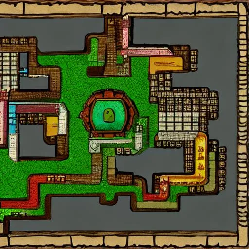 Prompt: Create a colored D&D style 2d map with a bunker in the bottom center position and a small castle in center right position of the map.