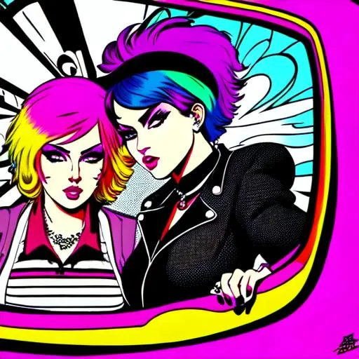 Prompt: Retro lesbian punk rock 70's vibe trippy comic style pop art goth punk fashion butch
